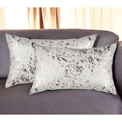 Set of Two 12" X 20" Gray and Silver Abstract Cowhide Lumbar Throw Pillows with Glitter