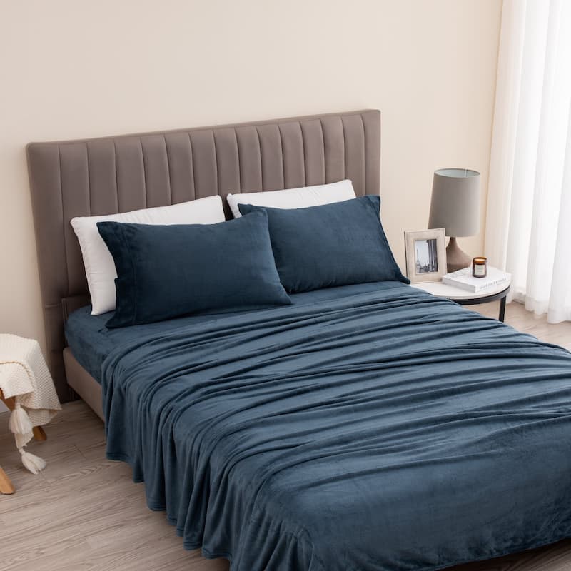 Great Bay Home Extra Soft Cozy Velvet Plush Solid Bed Sheet Set - Denim Blue - Twin