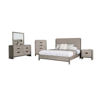Rizvi 5pc Queen Bedroom Set, Nightstand and Chest, Gray Solid Wood