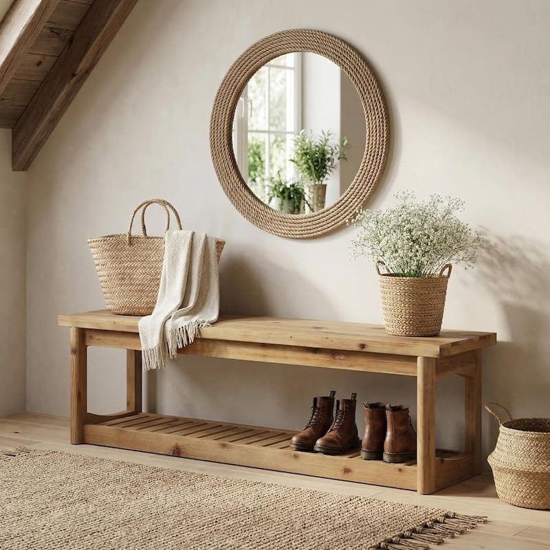 63" Entryway Bench with Storage Shoe Organizer, End of Bed Bench - Brown