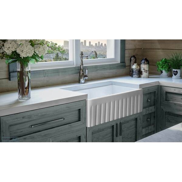 Luxury 30 Inch Modern Fireclay Farmhouse Kitchen Sink White Single Bowl Fluted Front Includes Grid And Drain By Fossil Blu Overstock 21834220