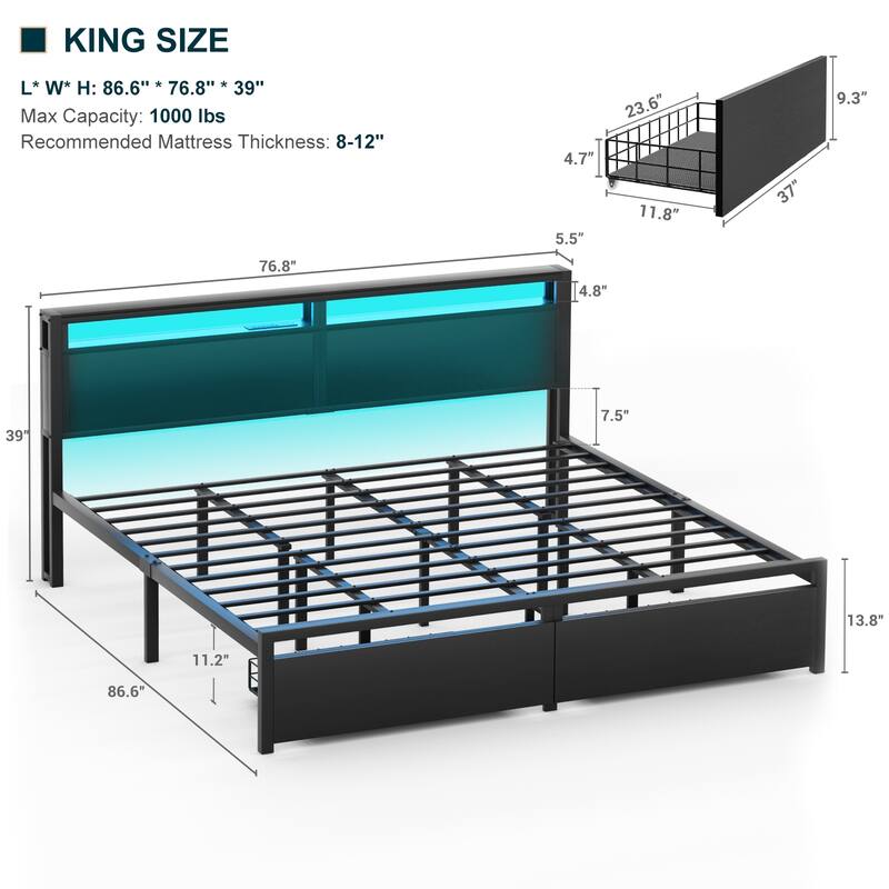 Platform Bed with Storage Headboard, Bed Frame with Charge Station and LED Light