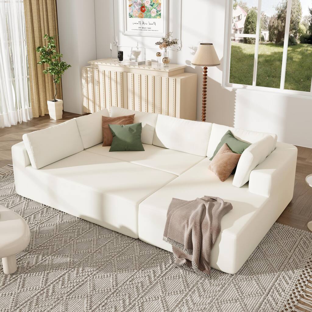 Beige 106.5'' U-Shaped 4-Seat Modular Sofa with 2 Chaise Lounges, Pillow, Anti-Wrinkle Chenille Fabric, and High-Density Foam