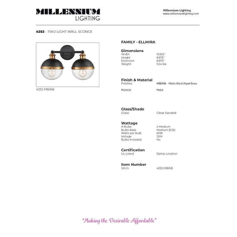 Millennium Lighting Ellmira 2 Light Vanity Fixture in Matte Black / Aged Bronze