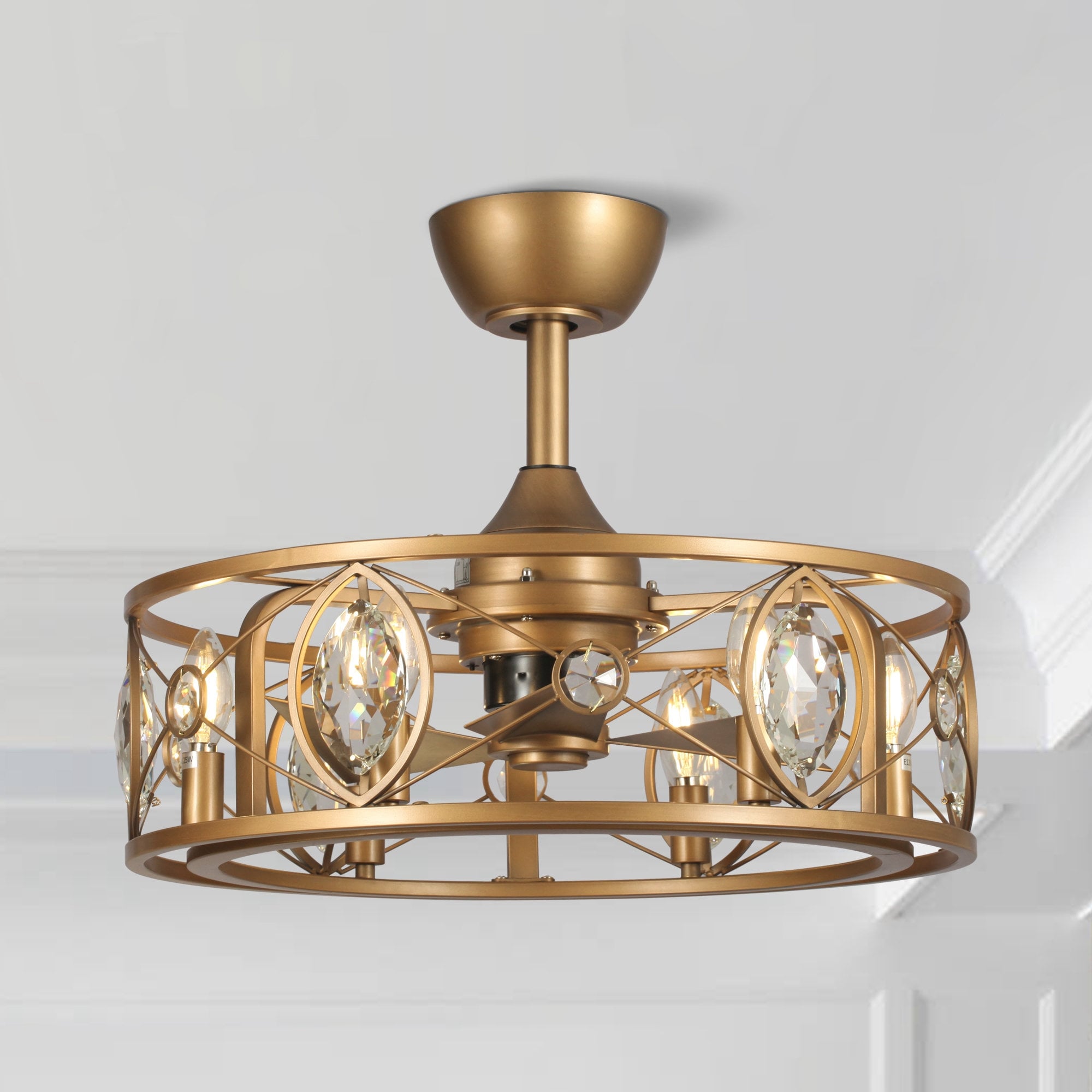 22" Modern Crystal Caged Ceiling Fan Chandelier with Remote