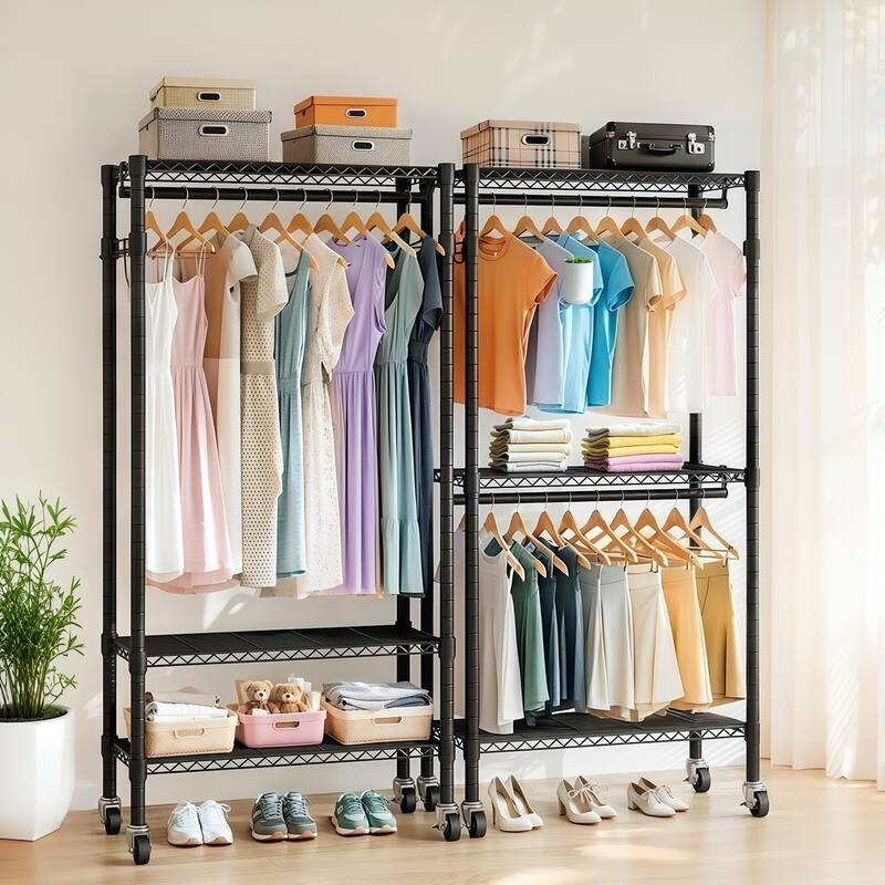 Rolling Heavy Duty Clothes Rack with Wheels,3 Tiers Adjustable Wire Shelving Clothes Rack with 2 Clothes Rails and Side Hooks