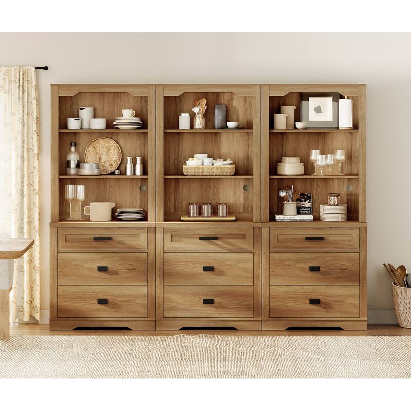 3 Tier Bookcase with Drawer,73.3" Tall Floor Standing Bookshelf - 94.5" - Vintage Oak