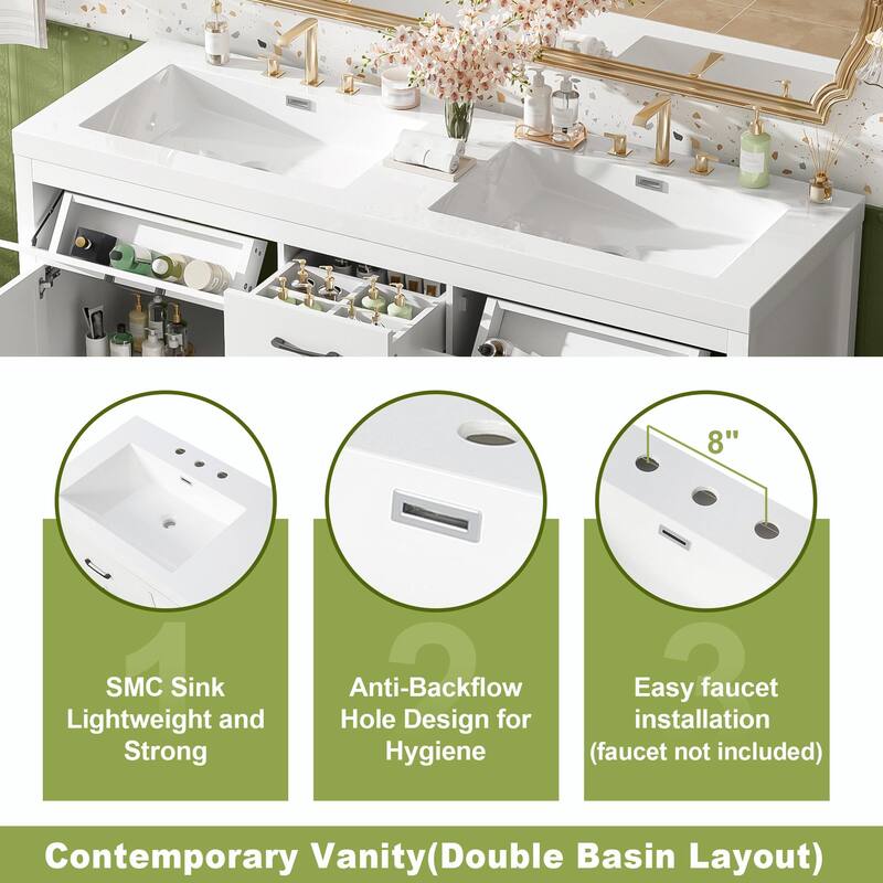 59.3" Modern Double Sink Bathroom Vanity with SMC Sinks, Solid Wood Frame, Soft-Close Doors & Drawers, Adjustable U-Shaped Shelf