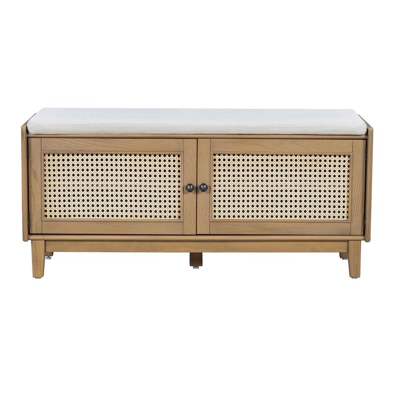 Boho Rattan Entryway Storage Bench with Double Doors