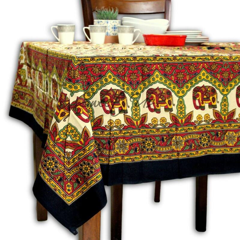 Cotton Secret Elephant Floral Tablecloth Rectangle - 54 x 84 in - Black Red