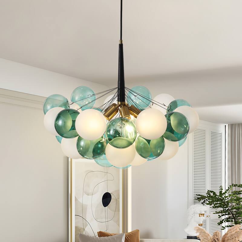 Mid - Century Modern Glass Globe Chandelier, Adjustable Height, E26 Base, 5 - Light Cluster Pendant Light for Dining Room