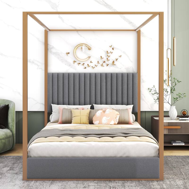 Queen Upholstered Canopy Bed with Headboard, Metal Frame, and Linen Upholstery, 4-Poster Modern Design, Easy Assembly