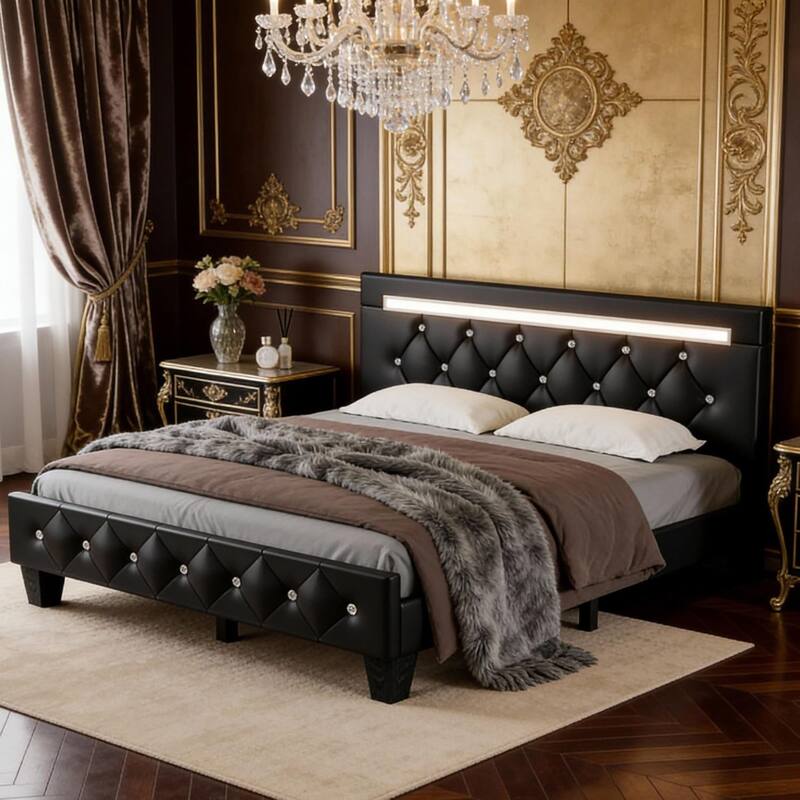 Queen Size Bed Frame with LED Light and Charging Station, Platform Bed with Handcrafted Crystal Button Adjustable Headboard - Black