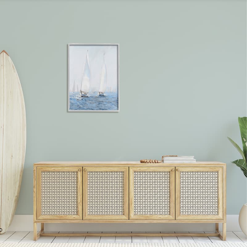Stupell Beautiful White Sailboats Drifting Ocean Waves Painting Framed Wall Art - Grey