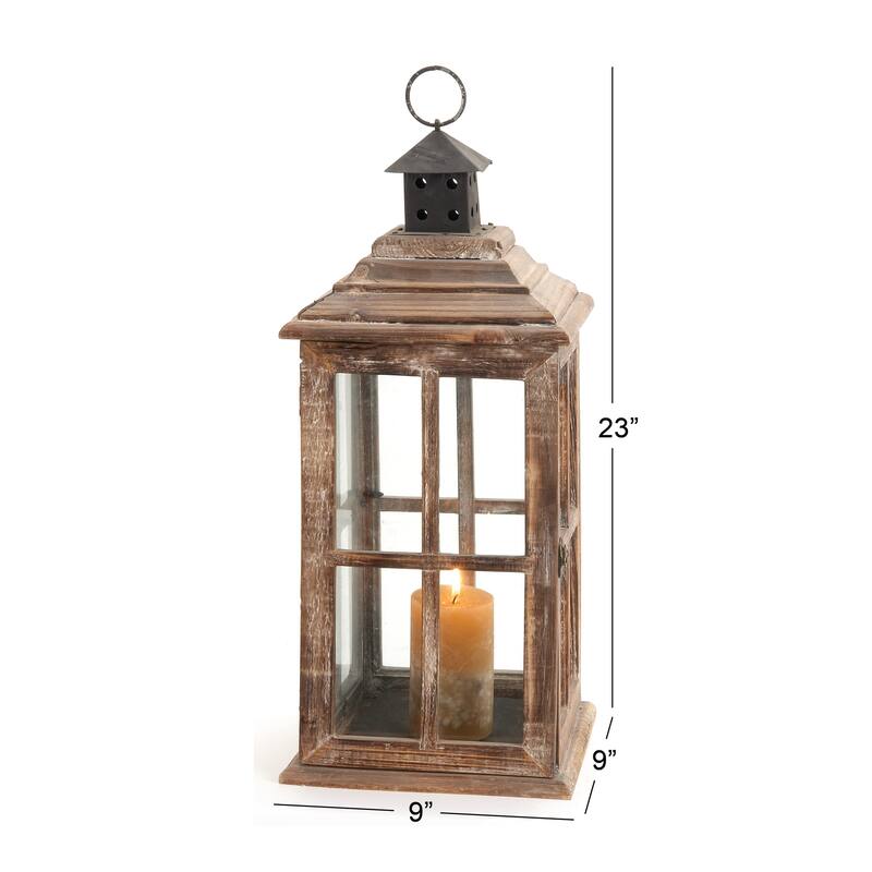 Brown or Light Brown Wood Lighthouse Style Decorative Indoor Outdoor Candle Lantern with Black Ring Handle