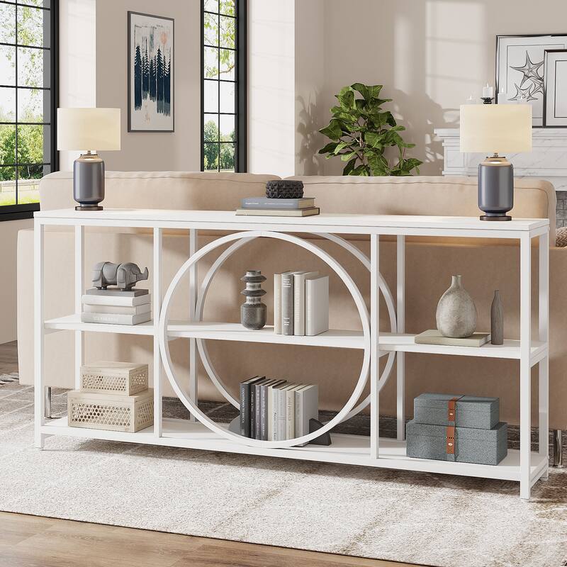 70.9 inch Sofa Console Table with 3 Tier Wood Storage Shelves Industrial Metal Frame for Foyer Hallway Living Room Behind Couch - White