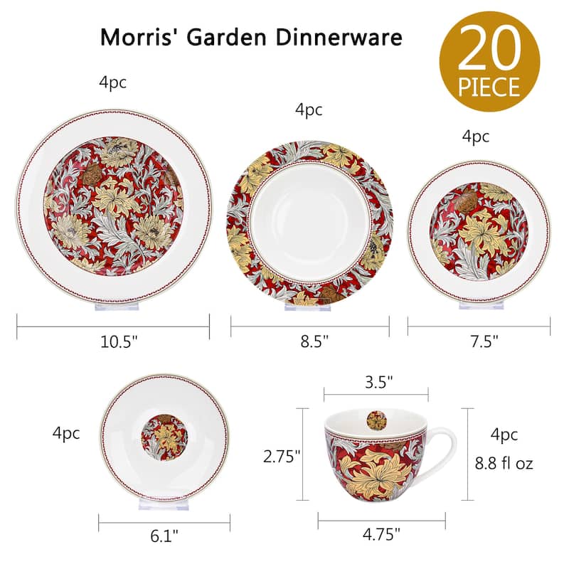 STP Goods Morris Garden Bone China Dinnerware Set of 20 for 4