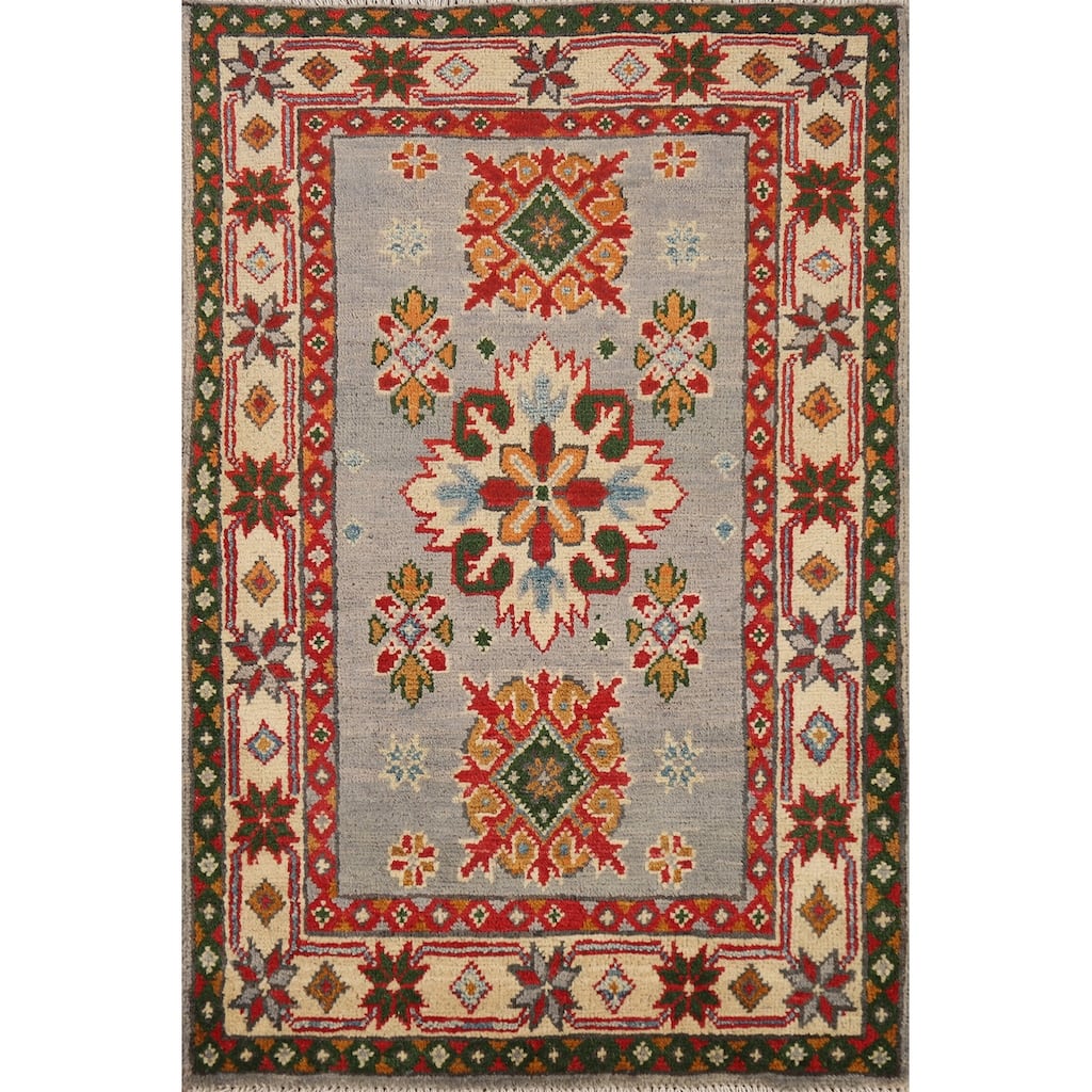 Geometric Kazak Oriental Foyer Rug Hand-Knotted Wool Carpet - 2'0"x 3'0"