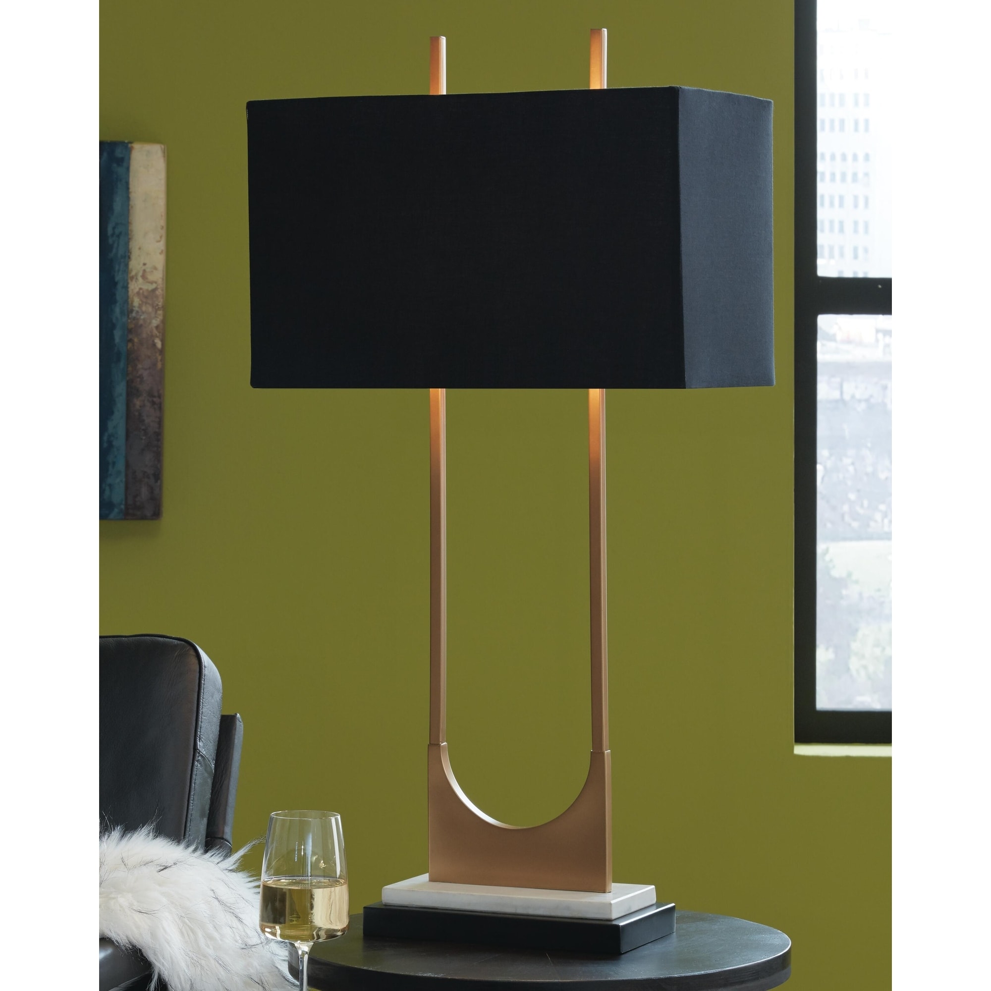 Signature Design by Ashley Malana Brass Table Lamp with Marble Base - 17"W x 9"D x 33"H