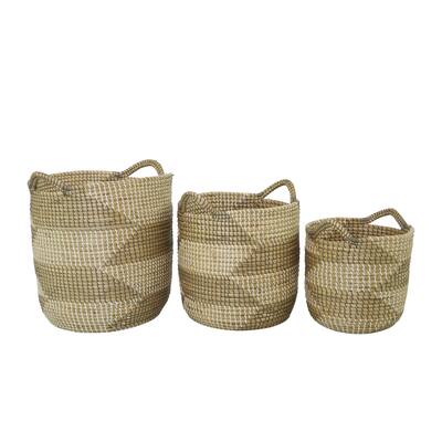 Seagrass Handmade Two Toned Storage Basket with Handles - Set of 3 Brown - CosmoLiving by Cosmopolitan
