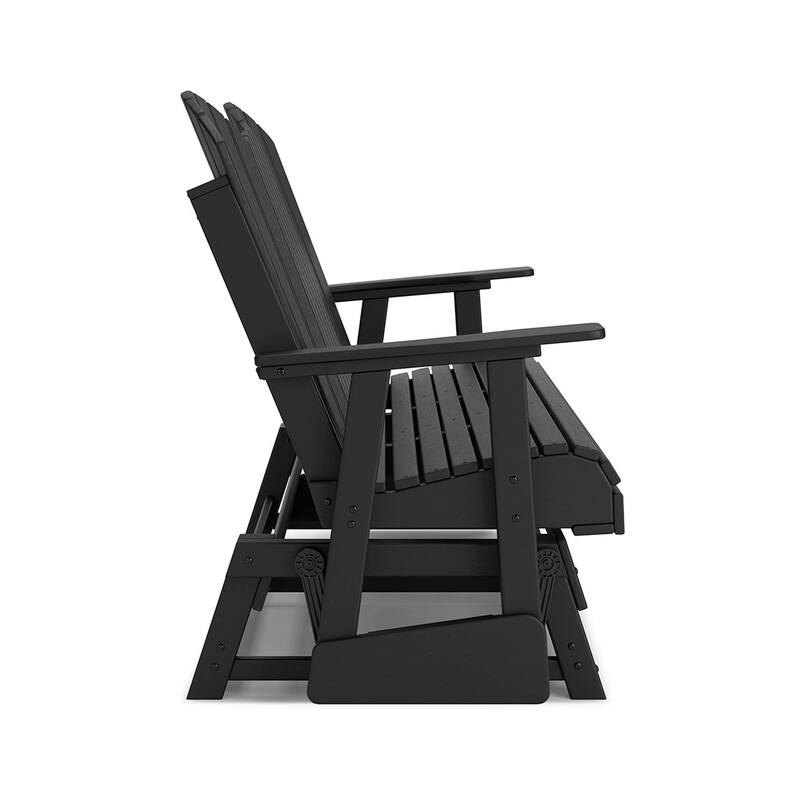Sami 67 Inch Outdoor Adirondack Glider Loveseat, Dropdown Cupholders, Black