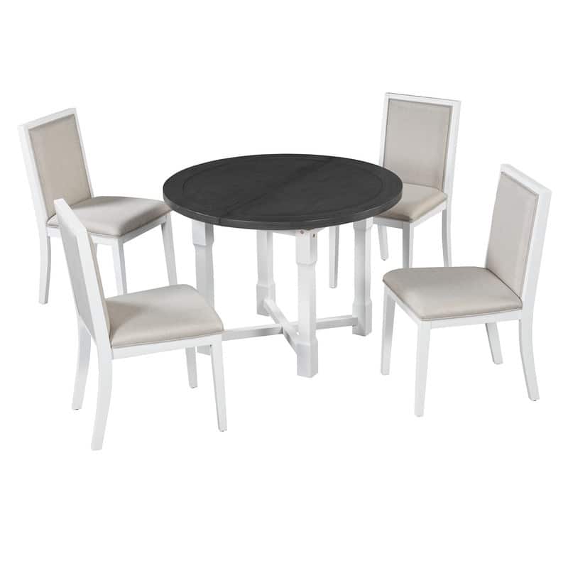 5-Piece Farmhouse Round Dining Set with Removable Leaf and Padded Chairs