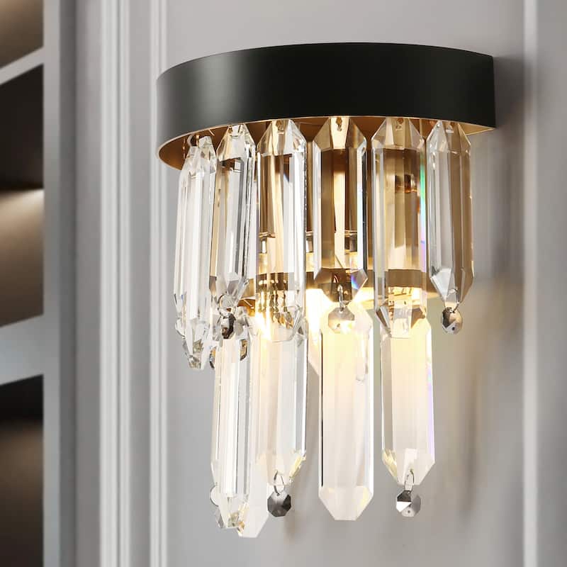 Modern 1-Light Luxury Crystal Wall Sconce Black Gold Bathroom Vanity Light - W7.9" x H10"