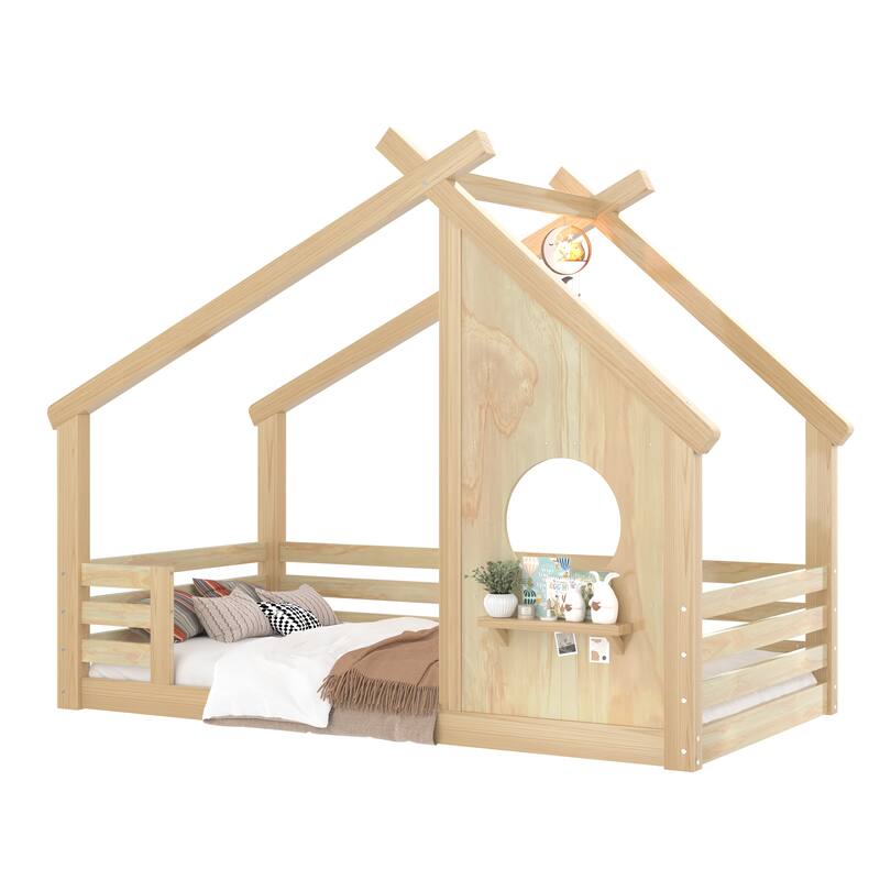 Twin House Floor Bed with Window and a Small Shelf, Solid Wood Floor Bed with House-shaped Roof, No Spring Box Needed