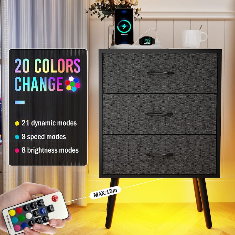 2 Pack Modern LED Nightstand with Charging Station and Fabric Drawers
