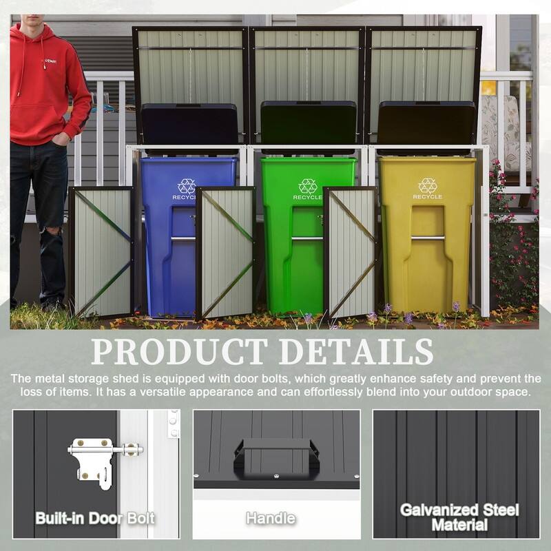 120 Cu. Ft. Outdoor 3-Trash-Can Storage Shed, Pneumatic Support Rod Storage - N/A