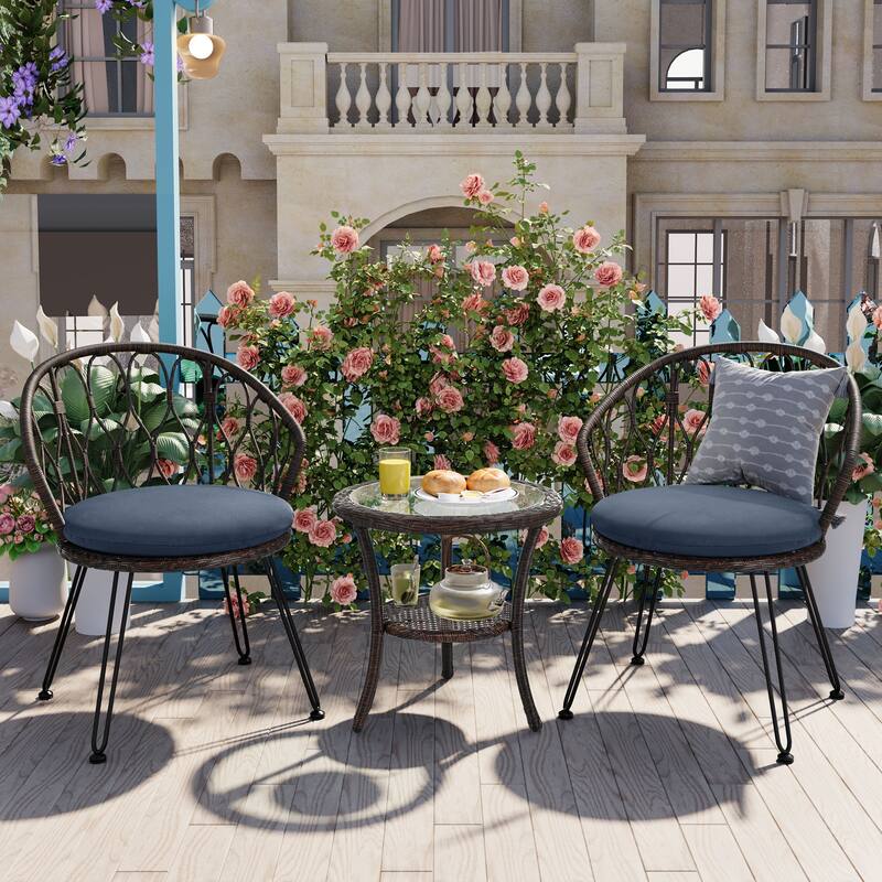 Outdoor Leisure Set, 2 Rattan Single Chairs with 1 Glass Round Table - Brown+Dark Blue