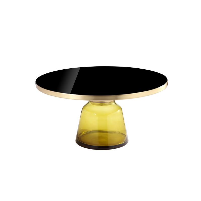 Len 30 Inch Coffee Table, Yellow Blown Glass Bell Base, Funnel Gold Steel