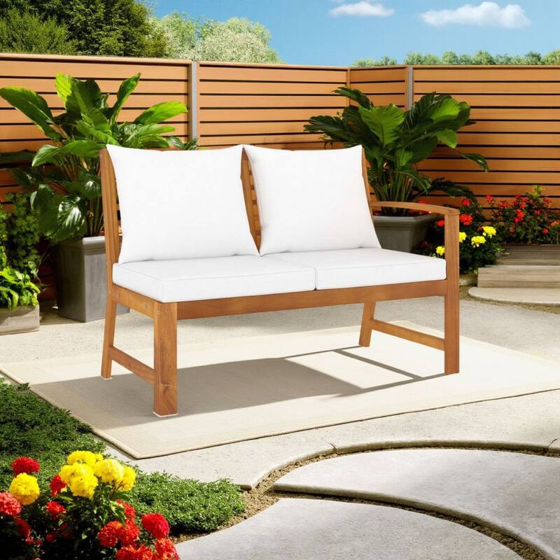 Outdoor Patio Bench, 45 Inch, Solid Brown Acacia Wood, Cream Polyester