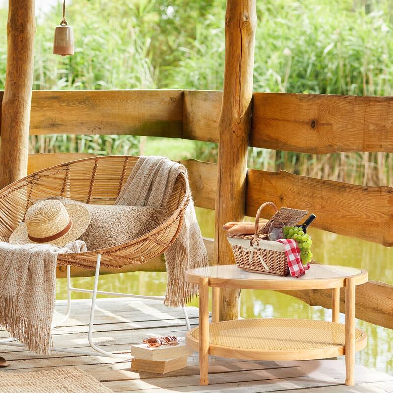 31.5in Rattan Coffee Table with Tempered Glass Top and Hand-Woven Shelf for Indoor Outdoor - 31.5” x 31.5” x 17.3”