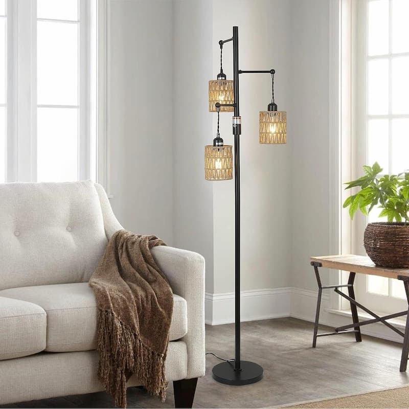3-Lights Boho Floor Lamp with Stepless Dimmer - Brown+Black