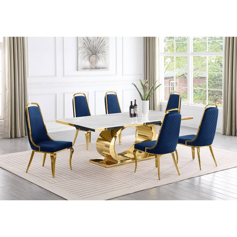 Best Quality Furniture D432/3-SC310-7 Dining Set with 87" White Marble Top - Navy Blue / Gold - 7-Piece