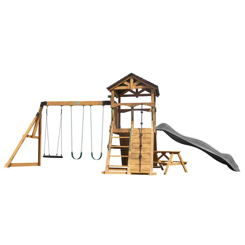 Backyard Discovery Endeavor II Cedar Wood Swing Set, Slide, Play Deck