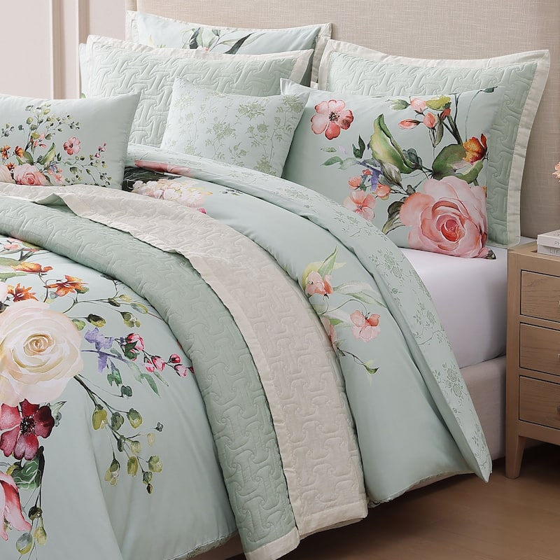 Bebejan Rose on Misty Green 8 Piece Reversible Comforter & Coverlet Set