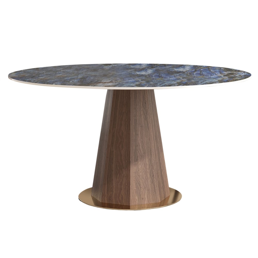 Modern Style Round Stone Table Top Walnut Pedestal Dining Table