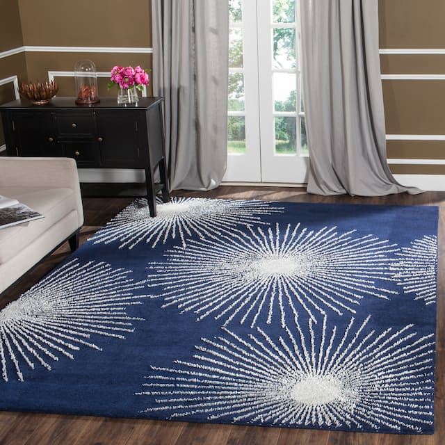 SAFAVIEH Handmade Soho Miyase Modern Burst New Zealand Wool Rug - 8'3" x 11' - DarkBlue/Ivory