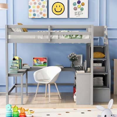 Full Size Loft Bed with Built-in L Shaped Desk & 3 Storage Shelves, Wooden Bedframe w/Storage Stairs & Full-Length Guardrail