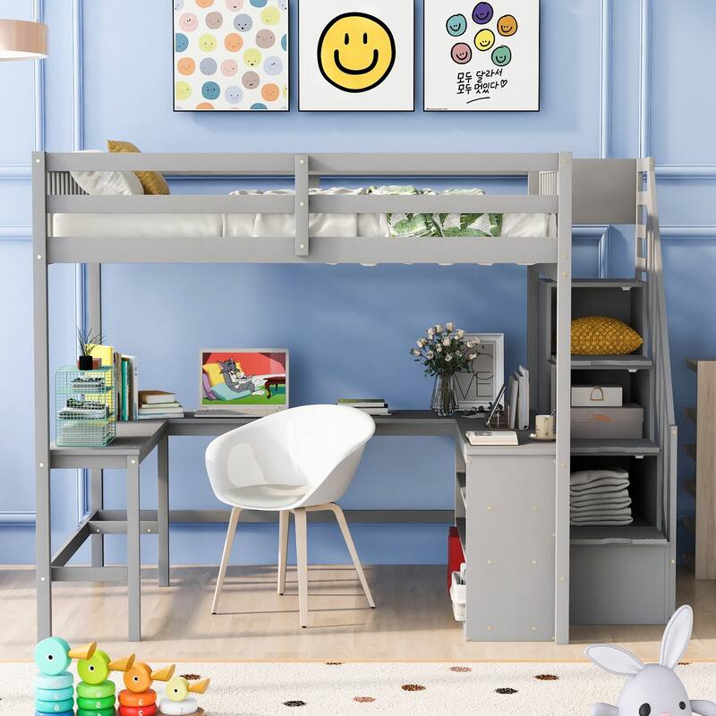 Full Size Loft Bed with L-Shaped Desk, Storage Shelves, and Staircase, Gray