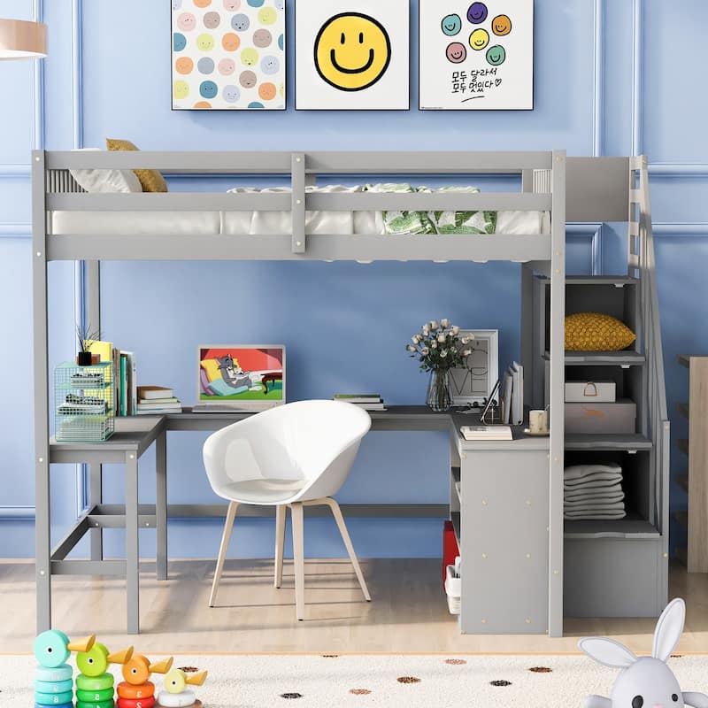 Roomfitters Full Loft Bed with L-Shaped Desk, Three-Tier Storage Shelves and Staircase Access
