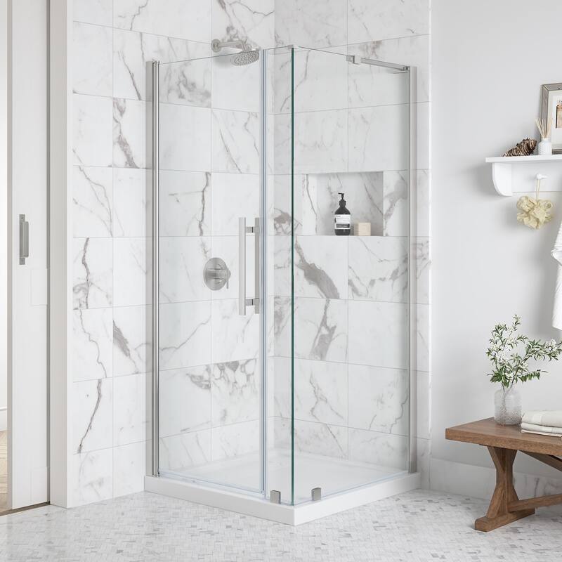 OVE Breeze Pivot Corner Frameless Pivot Shower Door Kit with Base Pan - 36" - Satin Nickel