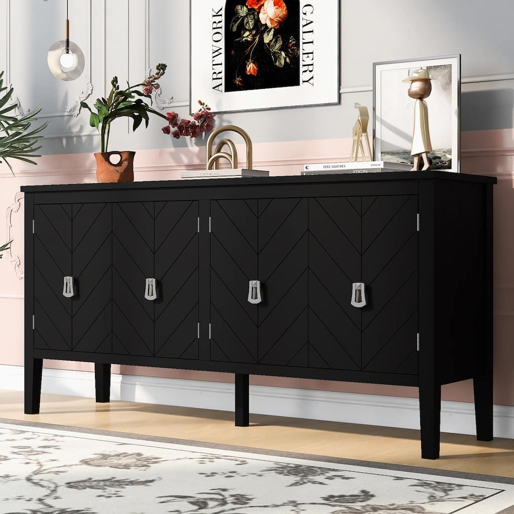 Retro-Style 4-Door Sideboard Narrow Entryway Table with Metal Handles, for Living Rooms, Foyer and Hallways, Black