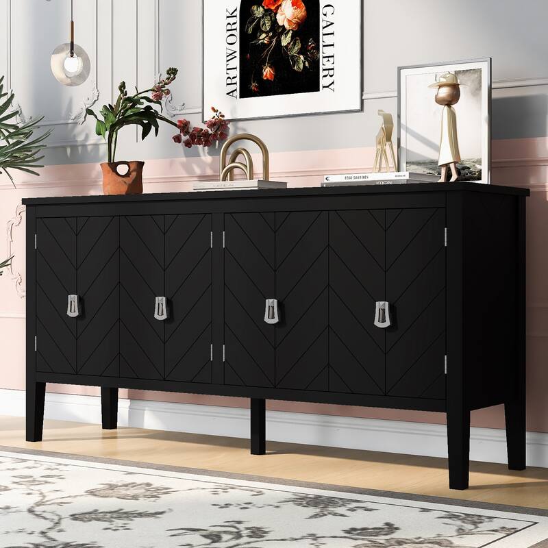 Retro-Style 4-Door Sideboard Narrow Entryway Table with Metal Handles, for Living Rooms, Foyer and Hallways, Black - Black