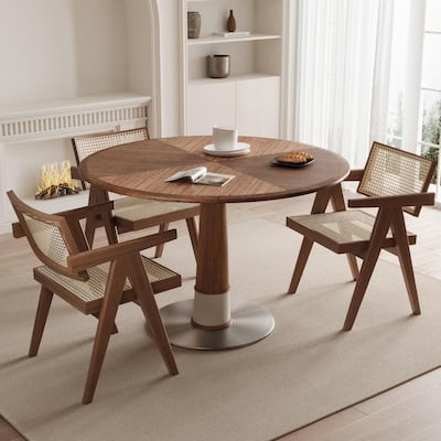 43.3-inch Round stainless steel base Nature Wood Walnut Top Large Round Dining Table for 4-8 people - 47.24" Wx47.24" Dx29.5"H