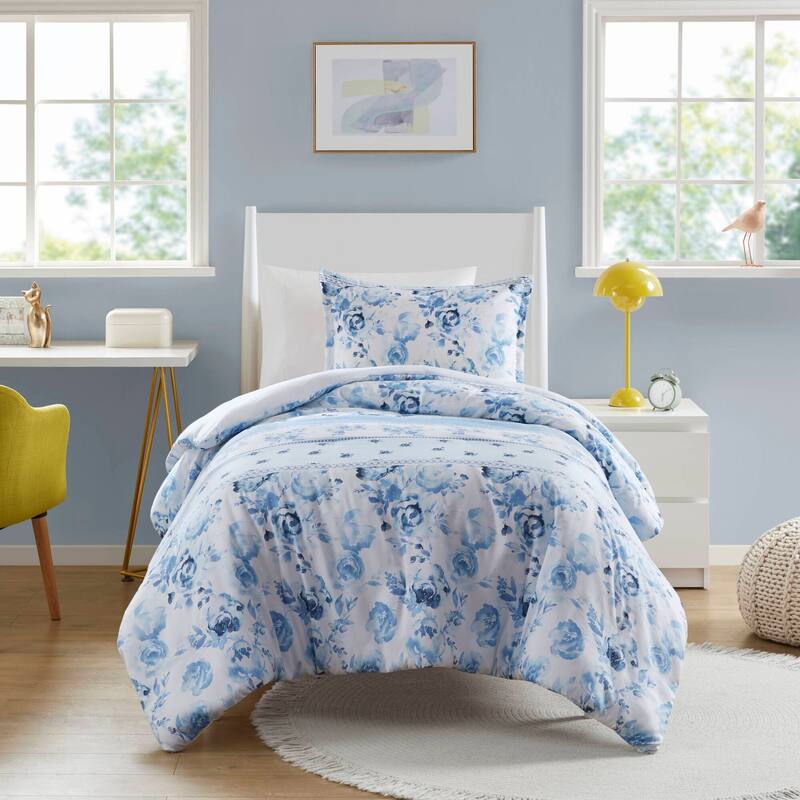 Intelligent Design Kaia Floral Striped Duvet Cover Set - Blue - Twin