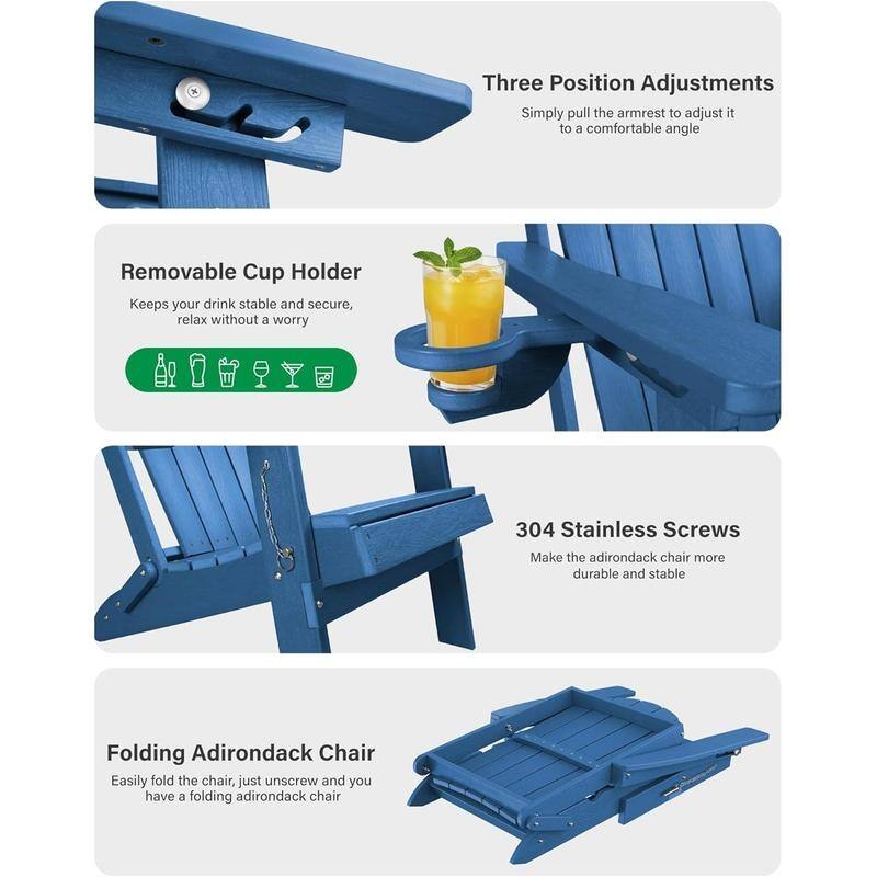 WINSOON Outdoor All-Weather HDPE Folding Adirondack Chair with Cup Holder & Adjustable Back Set of 4