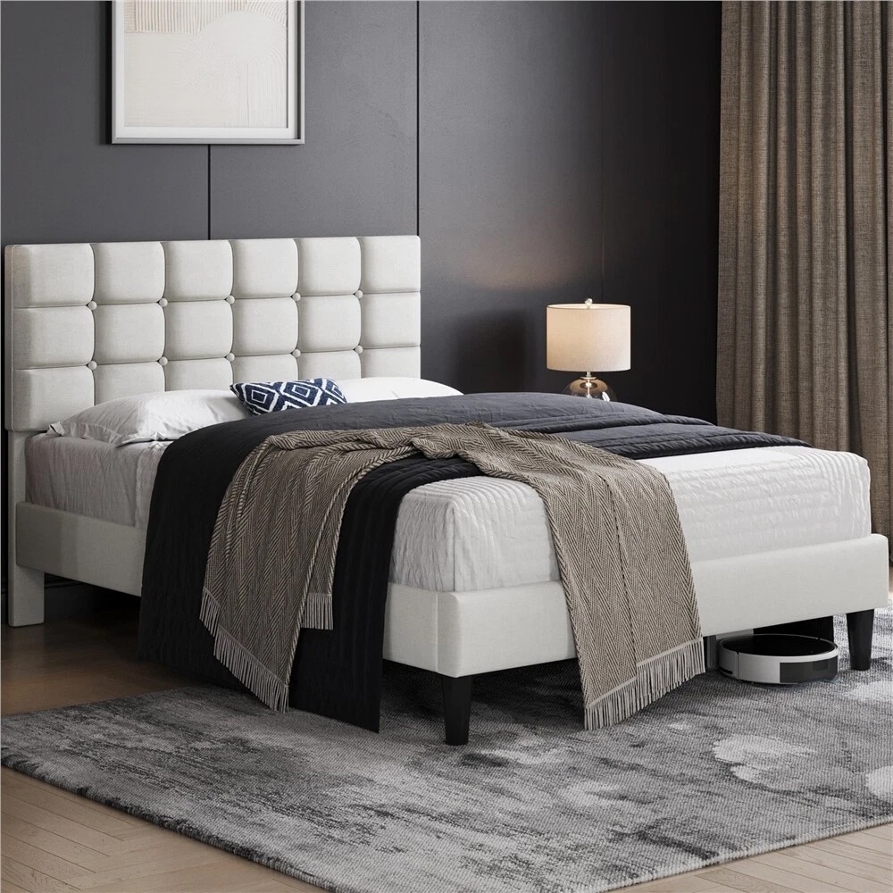 Full Upholstered Bed Frame Modern Platform Tufted Headboard Beige